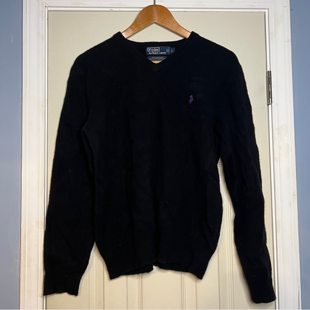 Polo Ralph Lauren V Neck Sweater 100% Lambs Wool Pullover Black Men's Size L